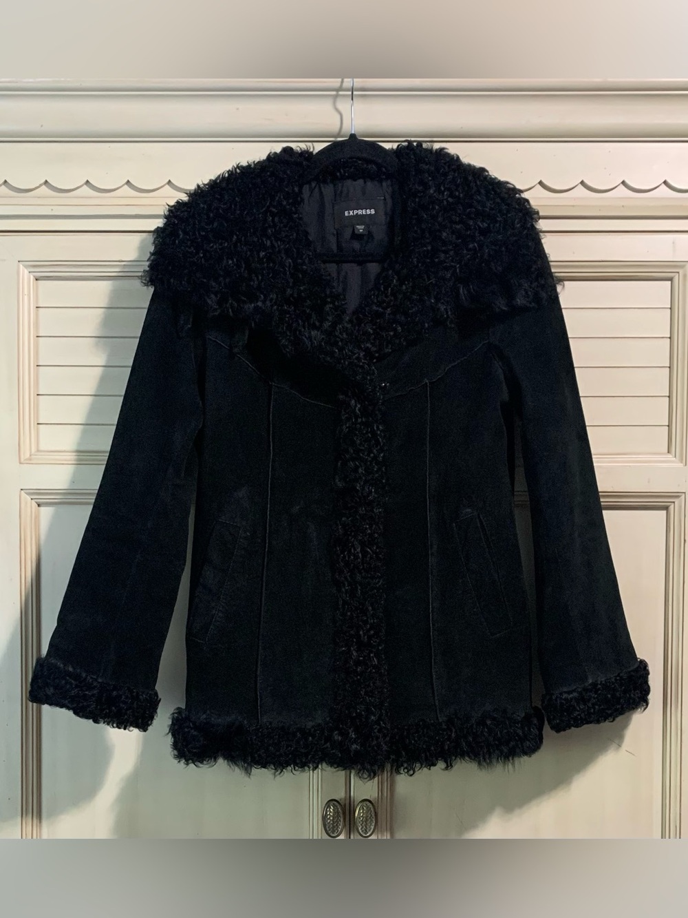 Express Black Suede Jacket Faux Fur Trim Y2K Penny Lane Coat Vintage Medium